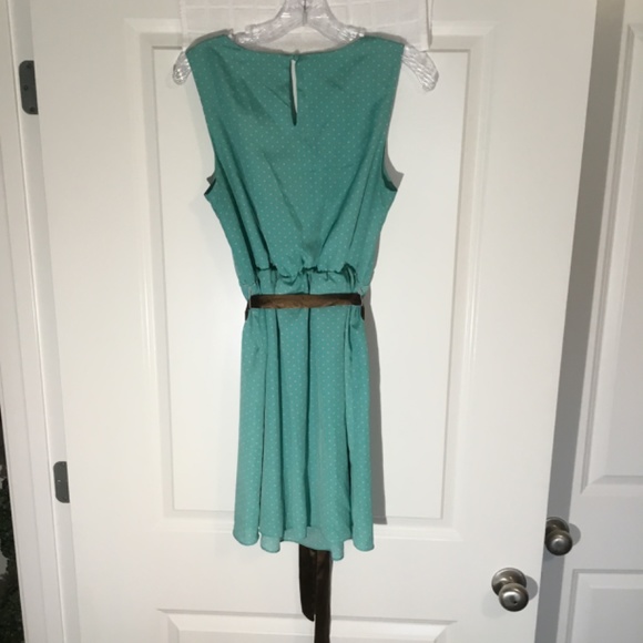Love 21 Sleeveless Lined Polka Dot Dress Light Green/ Beige/ Brown Belt Size S - Picture 2 of 4